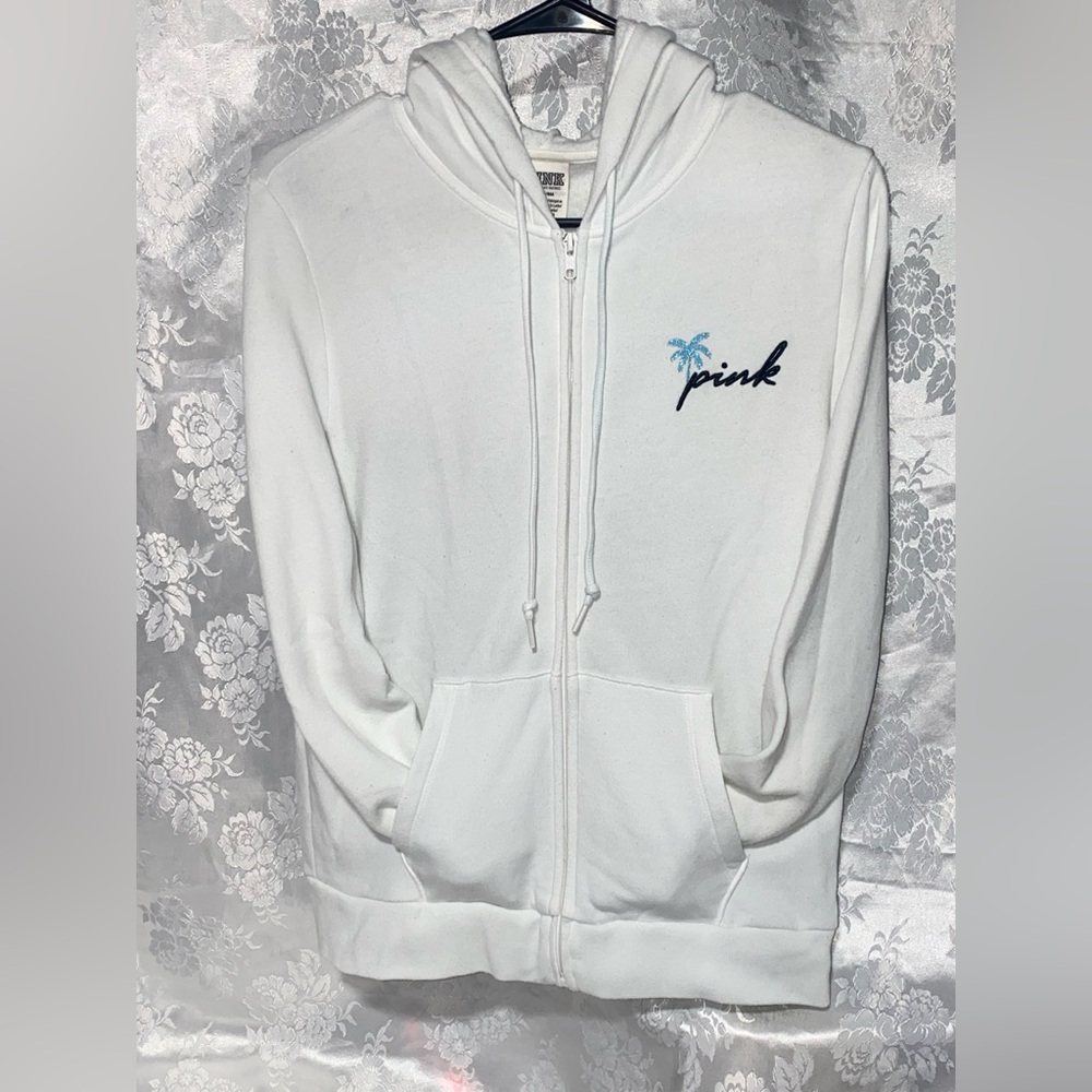 Victoria's Secret PINK Shine Perfect Full Zip Hoodie Tropical Palm Tree Logo M - Picture 2 of 7